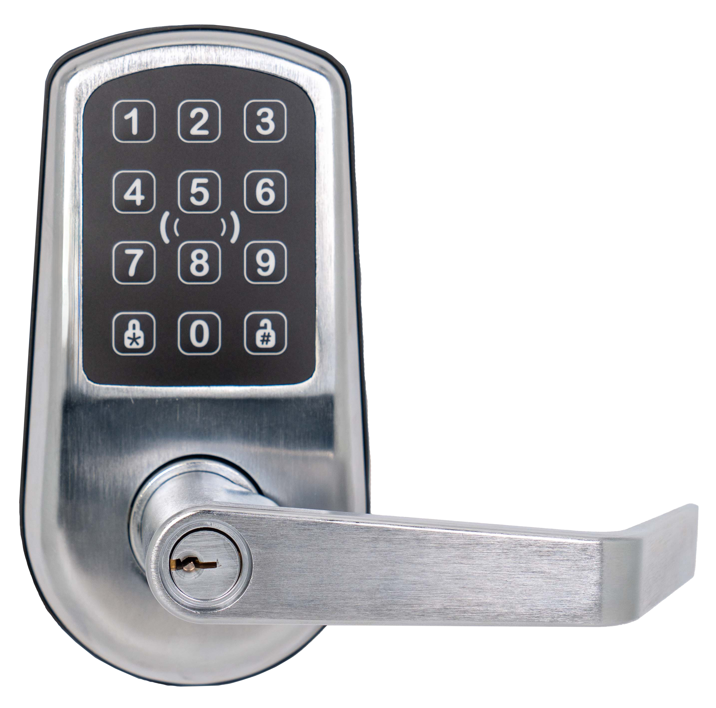 PDQ SDS keypad + RFID, front view — 626 Satin Chrome